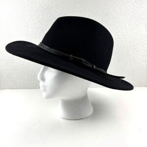 Wyeth Fedora Hat Womens O/S Black 100% Wool Wide Brim Leather Band
